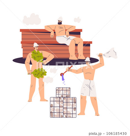 Man Bathing in Sauna with Besom and Taking Steam Bath Vector Illustration 106185430
