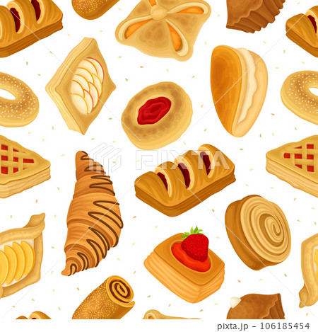 Baked Product Seamless Pattern Design with Sweet Bun and Pastry Vector Template Baked Product Seamless Pattern Design with Sweet Bun and Pastry Vector Template 106185454
