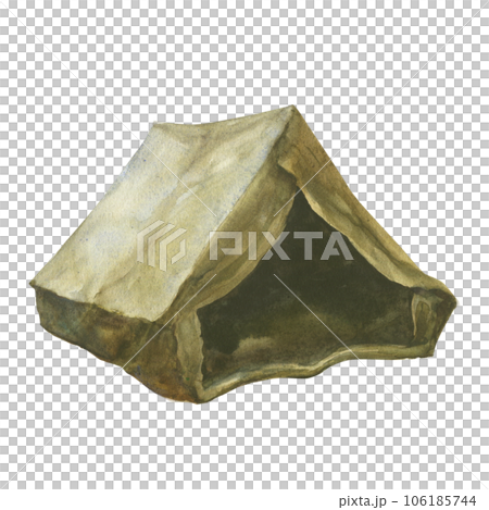 Hand drawn watercolor illustration of old traditional equipment for hiking or travel, camp tent on white isolated background. Drawing of retro camping for trip in a forest 106185744