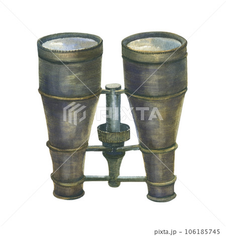 Hand drawn watercolor illustration of retro binocular on isolated white background. Drawing of theater of opera tool. Nautical instrument for adventure for your design. Hand drawn watercolor illustration of retro binocular on isolated white background. Drawing of theater of opera tool. Nautical instrument for adventure for your design. 106185745