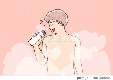 Naked man sings in shower using shampoo instead of microphone and stands in puffs of steam Naked man sings in shower using shampoo instead of microphone and stands in puffs of steam 106186098