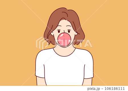Woman inflates bubble of bubblegum and looks at screen, for concept idleness and indifference Woman inflates bubble of bubblegum and looks at screen, for concept idleness and indifference 106186111