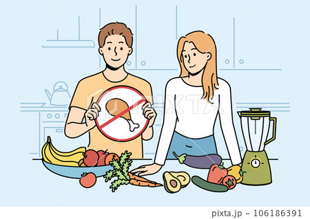 Cooking vegan show with man and woman standing in kitchen with vegetables and without meat 106186391