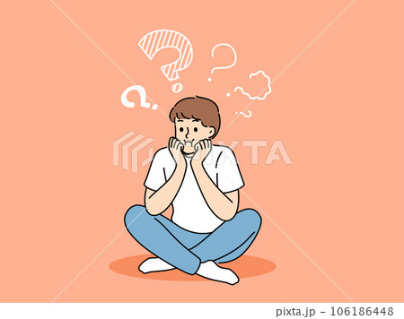Thoughtful boy sits with sad face and questions above head, thinking about how to spend holidays 106186448
