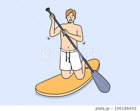 Man rides sup board with oar in hands and smiling looks at screen, encouraging exercise water sports 106186452