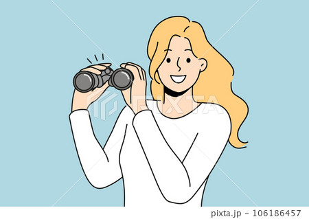 Woman with binoculars smiles and looks into camera, showing eagerness to learn new facts Woman with binoculars smiles and looks into camera, showing eagerness to learn new facts 106186457