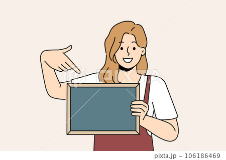 Woman waiter is holding chalkboard with copy space for drawing menu cafe or restaurant Woman waiter is holding chalkboard with copy space for drawing menu cafe or restaurant 106186469