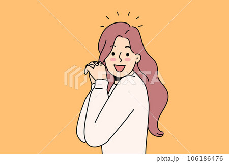 Laughing woman raises hands and looks at screen, enjoying meeting you or glad to receive good news Laughing woman raises hands and looks at screen, enjoying meeting you or glad to receive good news 106186476