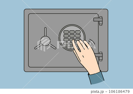 Man hand near safe with electronic combination lock, for storing money and jewelry Man hand near safe with electronic combination lock, for storing money and jewelry 106186479