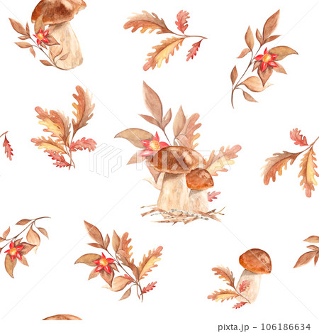 Seamless watercolor pattern with porcini mushrooms, oak leaves and branch with red flower. Botanical summer hand drawn illustration. Can be used for gift wrapping paper, kitchen textile and fabric 106186634