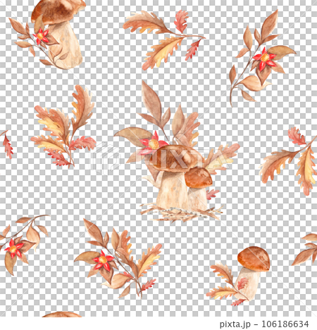 Seamless watercolor pattern with porcini mushrooms, oak leaves and branch with red flower. Botanical summer hand drawn illustration. Can be used for gift wrapping paper, kitchen textile and fabric 106186634