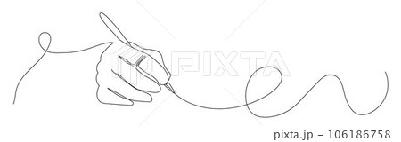 Hand holding pen in continuous style, writing or drawing. Pen line art illustration. Hand holding pen in continuous style, writing or drawing. Pen line art illustration. 106186758