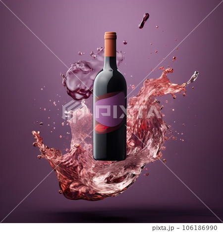 Bottle of red wine in liquid splash. Wine bottle mockup with blank white label, commercial red wine label template 106186990