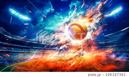 baseball ball on fire, energy and movement of the game, arena 106187361