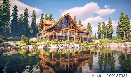 wooden cabin by a lake in the forest in nature 106187381