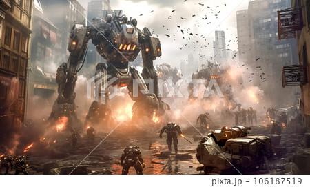 soldier cyborg transformer in a futuristic war city 106187519