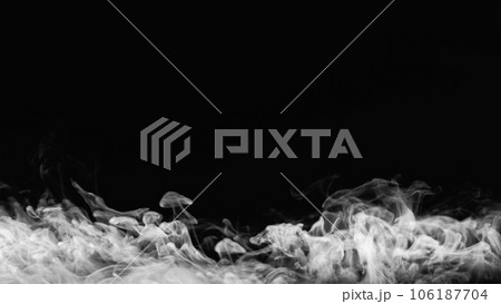 Steam background. Mist cloud. Dry ice. Defocused transparent white smoke texture wave spreading on dark black abstract empty space. 106187704