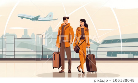 Portrait of elegant happy couple man and woman standing together on the territory of the airport AI 106188049