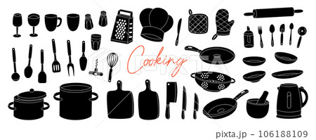 Kitchen cooking tools. Ceramic plates, mug, cup, wineglass, frying pan, colander, kitchen mitten, cooking glove, steel grater, mortar, rolling pin. 106188109