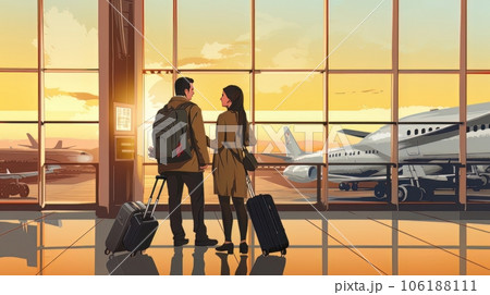Portrait of elegant happy couple man and woman standing together on the territory of the airport AI 106188111
