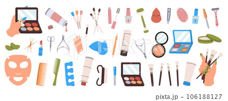 Makeup tools. Makeup and beauty tools. Manicure and pedicure tools, cosmetic cream, brushes, nail polish, sponge, hair comb, massage roller. 106188127