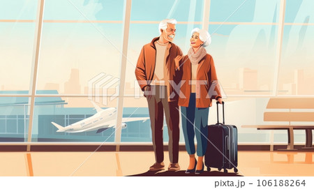 Portrait of elegant old happy couple man and woman standing together on the territory of the airport AI 106188264