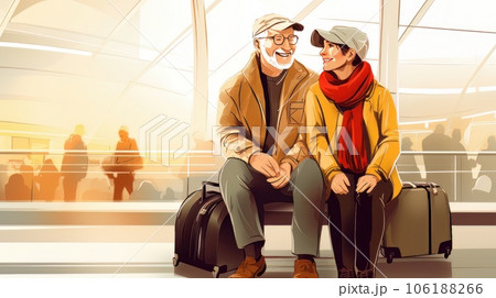Portrait of elegant old happy couple man and woman standing together on the territory of the airport AI 106188266