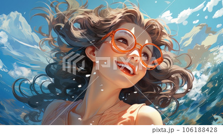 Cartoon girl with happy smile splashes in the sea AI Cartoon girl with happy smile splashes in the sea AI 106188428