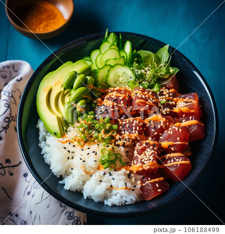 Photo of ahi tuna poke bowls, a traditional Hawaiian food. High quality photo 106188499