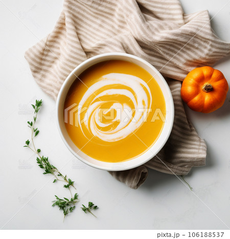 Flat lay out pumpkin soup on a white background with cream . High quality photo Flat lay out pumpkin soup on a white background with cream . High quality photo 106188537