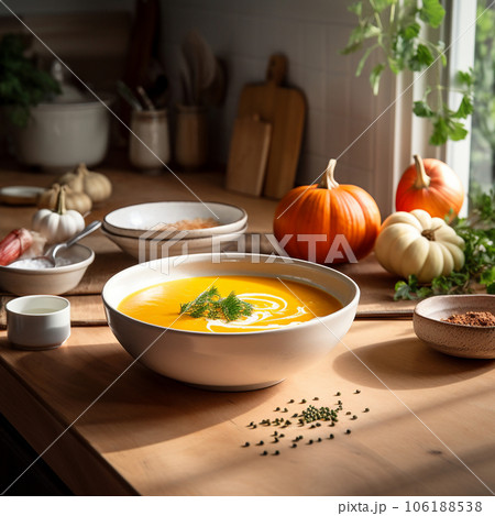 pumpkin soup in a cozy kitchen. High quality photo pumpkin soup in a cozy kitchen. High quality photo 106188538
