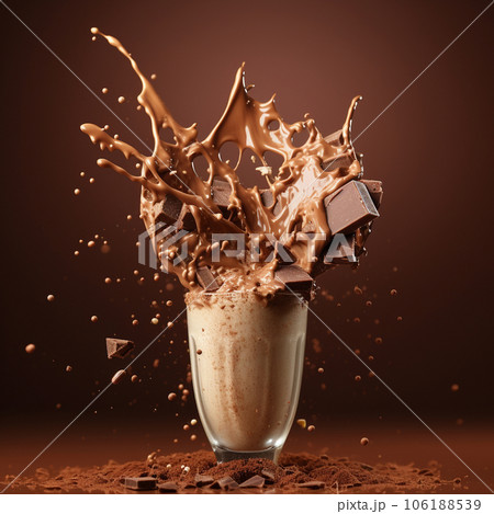 Chocolate milkshake with splashes and chocolate chunks on a brown background. High quality photo Chocolate milkshake with splashes and chocolate chunks on a brown background. High quality photo 106188539