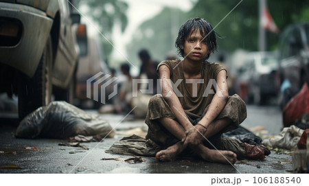 A homeless child sits and asks for food, the problem of hunger. High quality photo 106188540