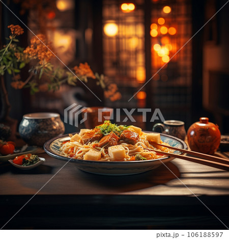 Black bowl with chinese noodles Jiangsu cuisine. . High quality photo 106188597