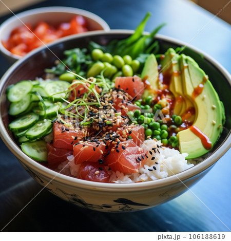 Photo of ahi tuna poke bowls, a traditional Hawaiian food. High quality photo 106188619