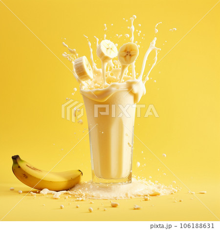 banana milkshake in glass with sprinkles on yellow background. High quality photo 106188631