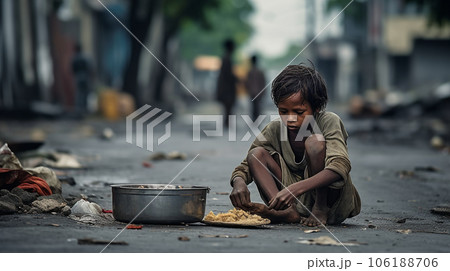 A homeless child sits and asks for food, the problem of hunger. High quality photo 106188706