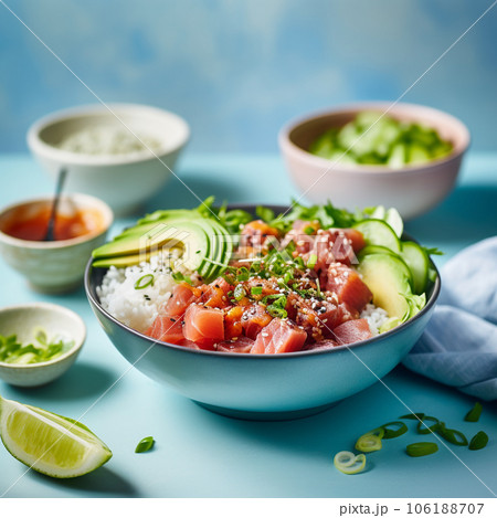 Colorful poke bowl with fresh salmon, avocado, mango and sesame on a light blue background. High quality photo Colorful poke bowl with fresh salmon, avocado, mango and sesame on a light blue background. High quality photo 106188707