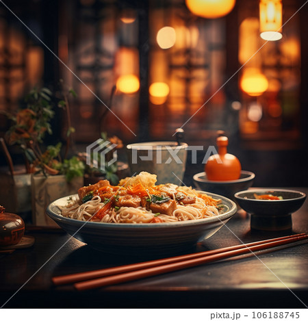 Black bowl with chinese noodles Jiangsu cuisine. . High quality photo 106188745