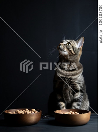 Adorable cat near food bowl on dark background. Pet care. High quality photo 106188786