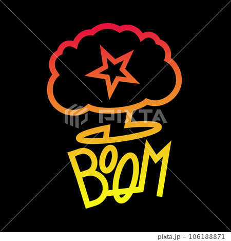 Boom neon sign. Glowing neon boom inscription on pink cloud with exclamation mark. Night bright advertisement. Vector illustration for night party Boom neon sign. Glowing neon boom inscription on pink cloud with exclamation mark. Night bright advertisement. Vector illustration for night party 106188871