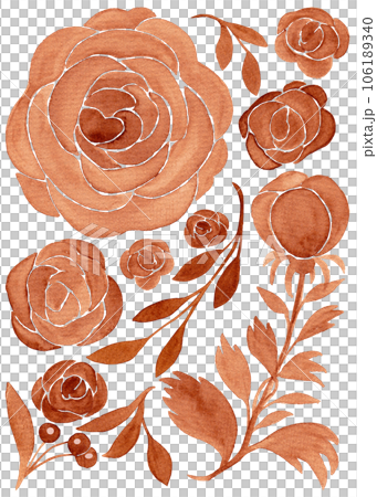 Floral silhouettes in burnt umber color: rose buds, stem and leaves. Isolated watercolor illustration for your design Floral silhouettes in burnt umber color: rose buds, stem and leaves. Isolated watercolor illustration for your design 106189340