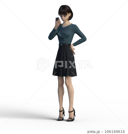 スマートフォンを見せる女性　カジュアルファッション perming3DCGイラスト素材 106189618