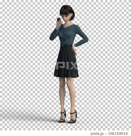 スマートフォンを見せる女性　カジュアルファッション perming3DCGイラスト素材 106189618