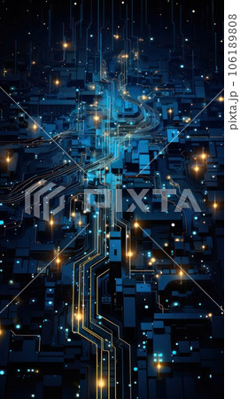 microcircuits as a city landscape in the light of a dark blue sky microcircuits as a city landscape in the light of a dark blue sky 106189808