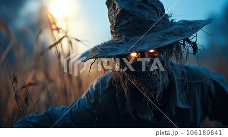 spooky silhouette of a scarecrow in a deserted field illuminated by a massive full moon spooky silhouette of a scarecrow in a deserted field illuminated by a massive full moon 106189841