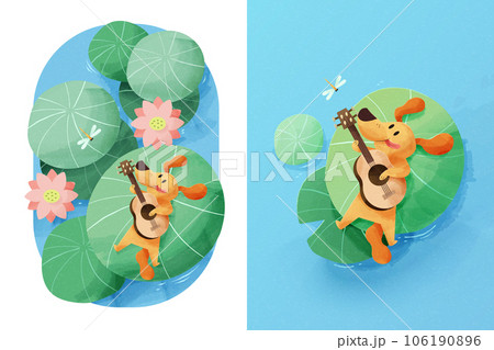 Puppy playing guitar on lotus leaf 106190896