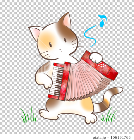 ネコが楽しそうにアコーディオンを演奏しているイラスト 106191766