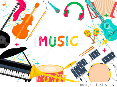Music Elements Vector Illustration with Various of Note and Musical Instruments Modern in Flat Kids Cartoon Hand Drawn Background Templates 106192113