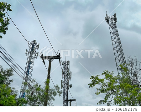 Telecommunication tower with 5G cellular network antenna and in rural. Telecommunication tower with 5G cellular network antenna and in rural. 106192178